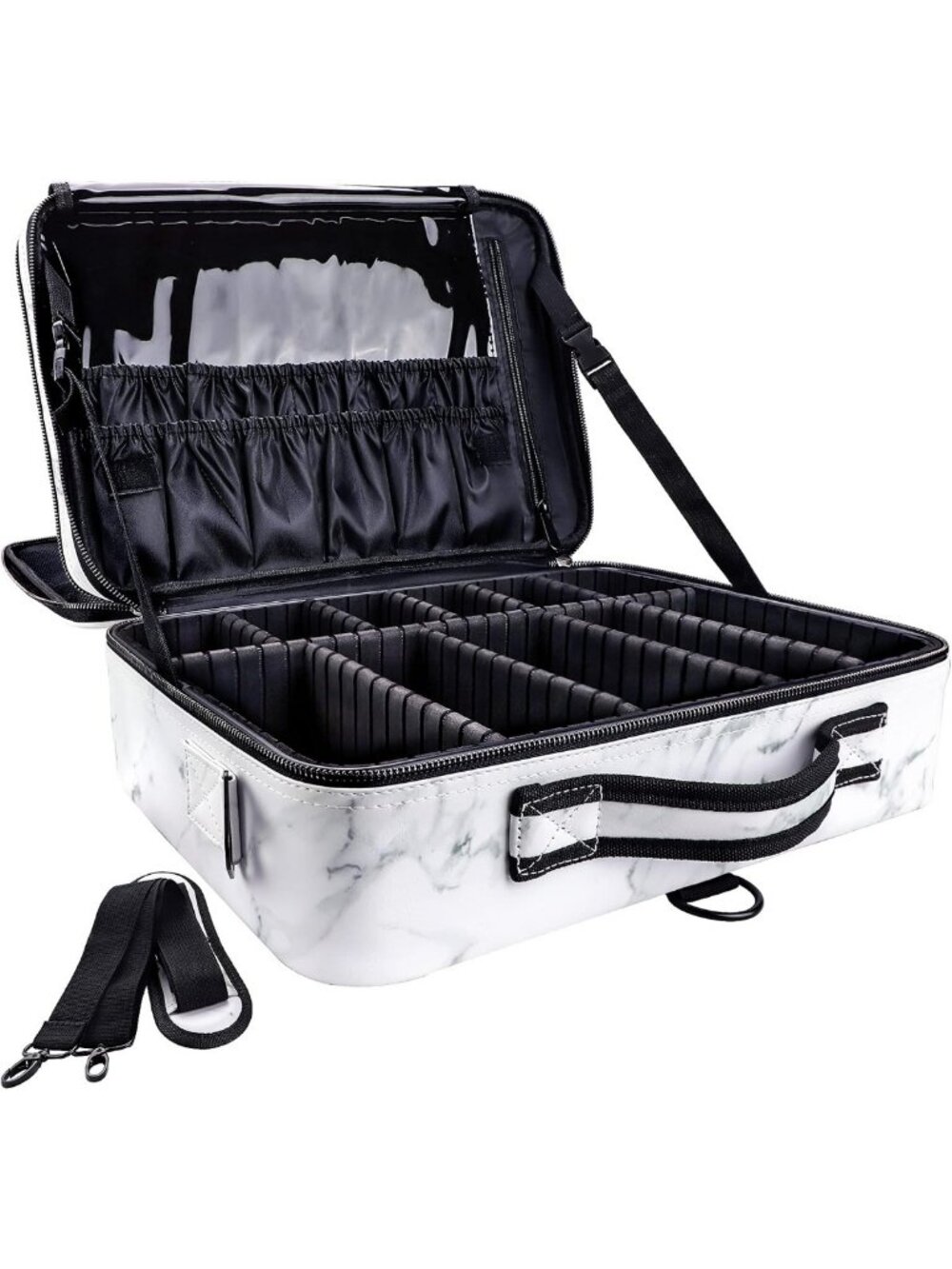 Large Capacity Waterproof Makeup Organizer with Adjustable Dividers & Strap